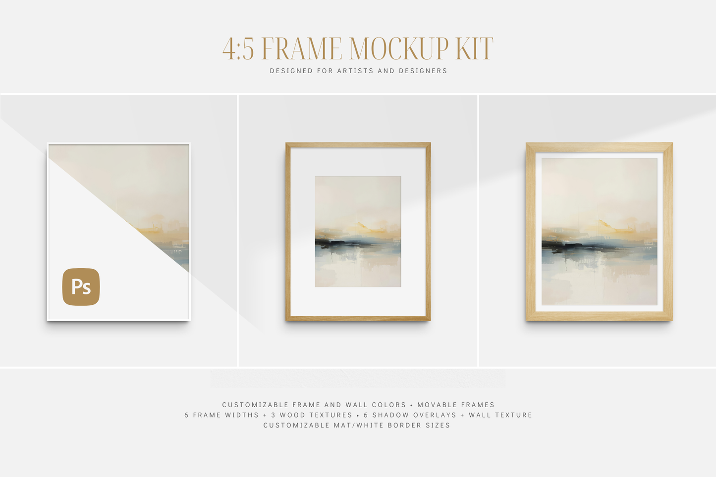 Frame mockup kit 4:5 portrait. Vertical wooden frame wall art mockup set PSD. 4:5 (8x10) frame mockup kit with passepartout (mat) options, shadow overlays, and customizable frame and wall colors.