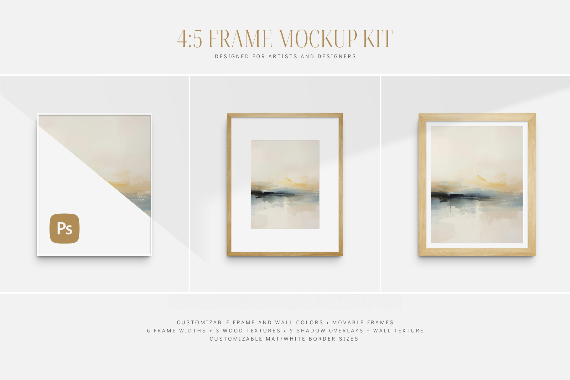 Frame mockup kit 4:5 portrait. Vertical wooden frame wall art mockup set PSD. 4:5 (8x10) frame mockup kit with passepartout (mat) options, shadow overlays, and customizable frame and wall colors.
