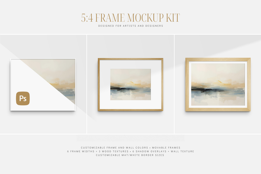 Frame mockup kit 5:4 4:5 landscape. Horizontal wooden frame wall art mockup set PSD. 5:4 frame mockup kit with passepartout (mat) options, shadow overlays, and customizable frame and wall colors.