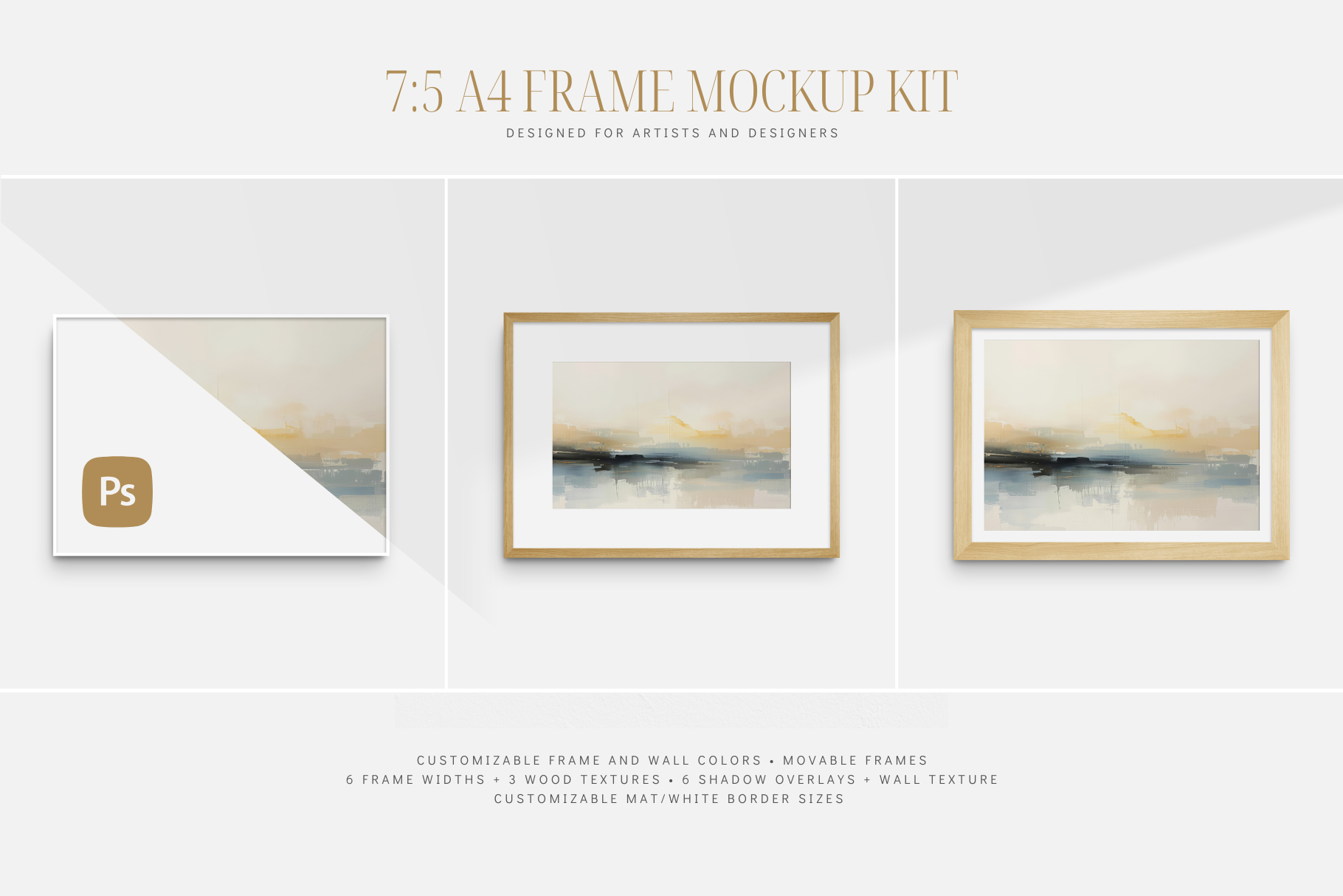 Frame mockup kit A4 7:5 5:7 landscape. Horizontal A4 wooden frame wall art mockup set PSD. A4 7:5 frame mockup kit with passepartout (mat) options, shadow overlays, and customizable frame and wall colors.