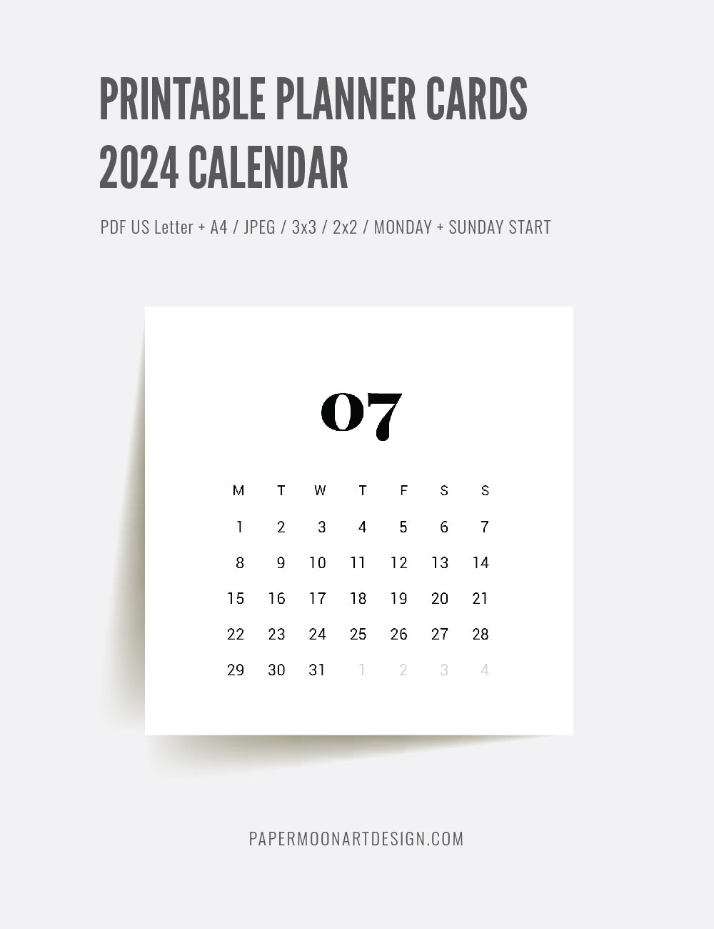 2024 Calendar | 3x3 | 2x2 | Printable Journaling & Planner Cards | Printable Mini Calendar 2024 | Bujo Calendar 2024 | Minimal Aesthetic | Clean Design | Monday Start + Sunday Start | PDF + JPEG | 01