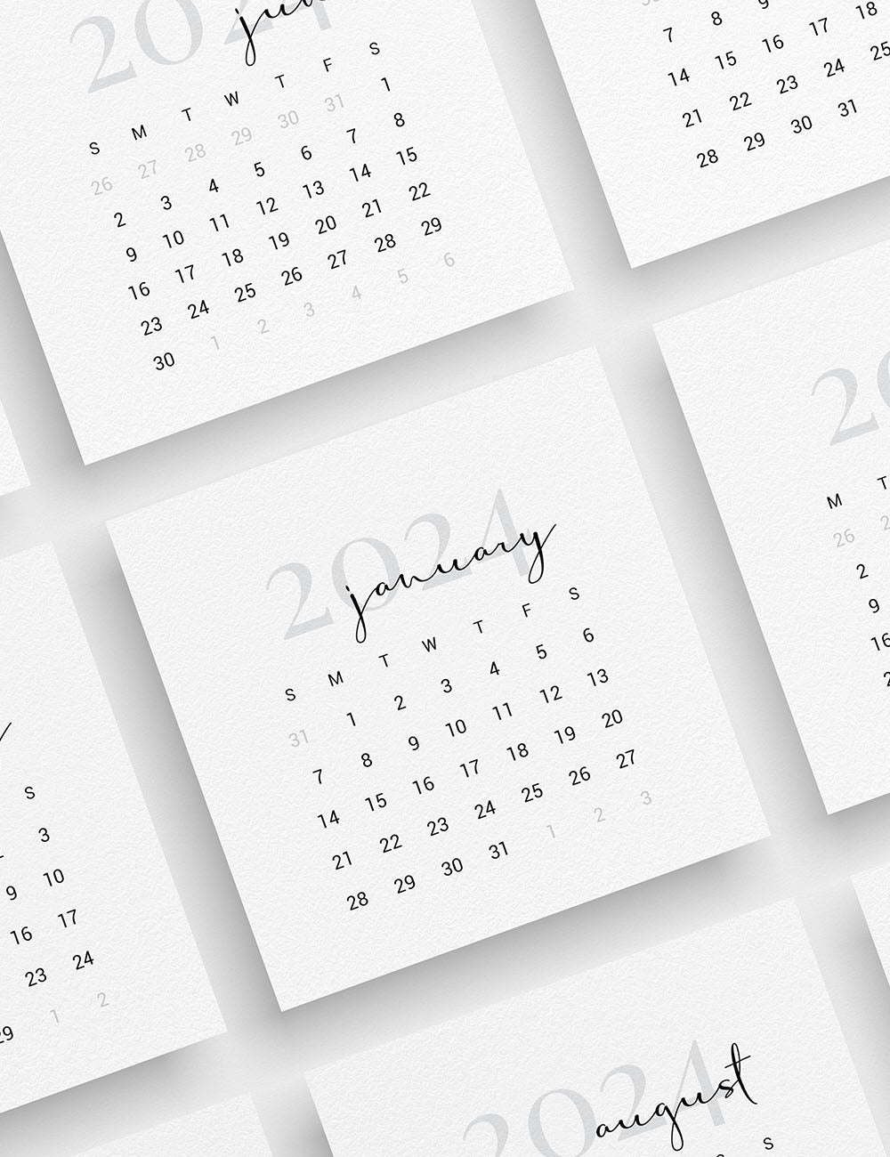2024 Calendar | 3x3 | 2x2 | Printable Journaling & Planner Cards | Printable Mini Calendar 2024 | Bujo Calendar 2024 | Minimal Aesthetic | Clean Design | Monday Start + Sunday Start | PDF + JPEG | 02