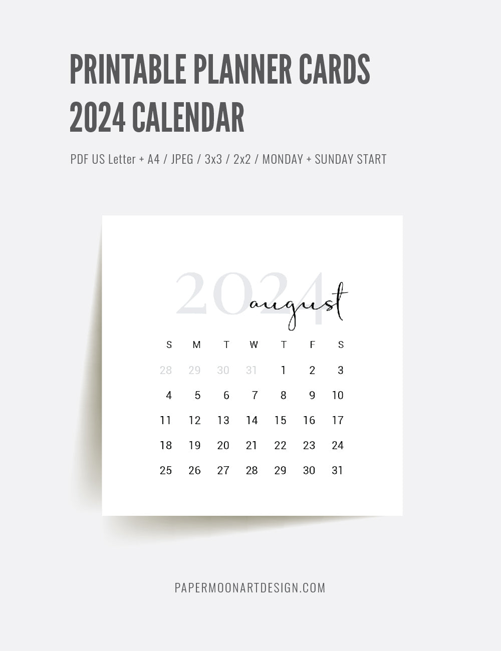 2024 Calendar | 3x3 | 2x2 | Printable Journaling & Planner Cards | Printable Mini Calendar 2024 | Bujo Calendar 2024 | Minimal Aesthetic | Clean Design | Monday Start + Sunday Start | PDF + JPEG | 02