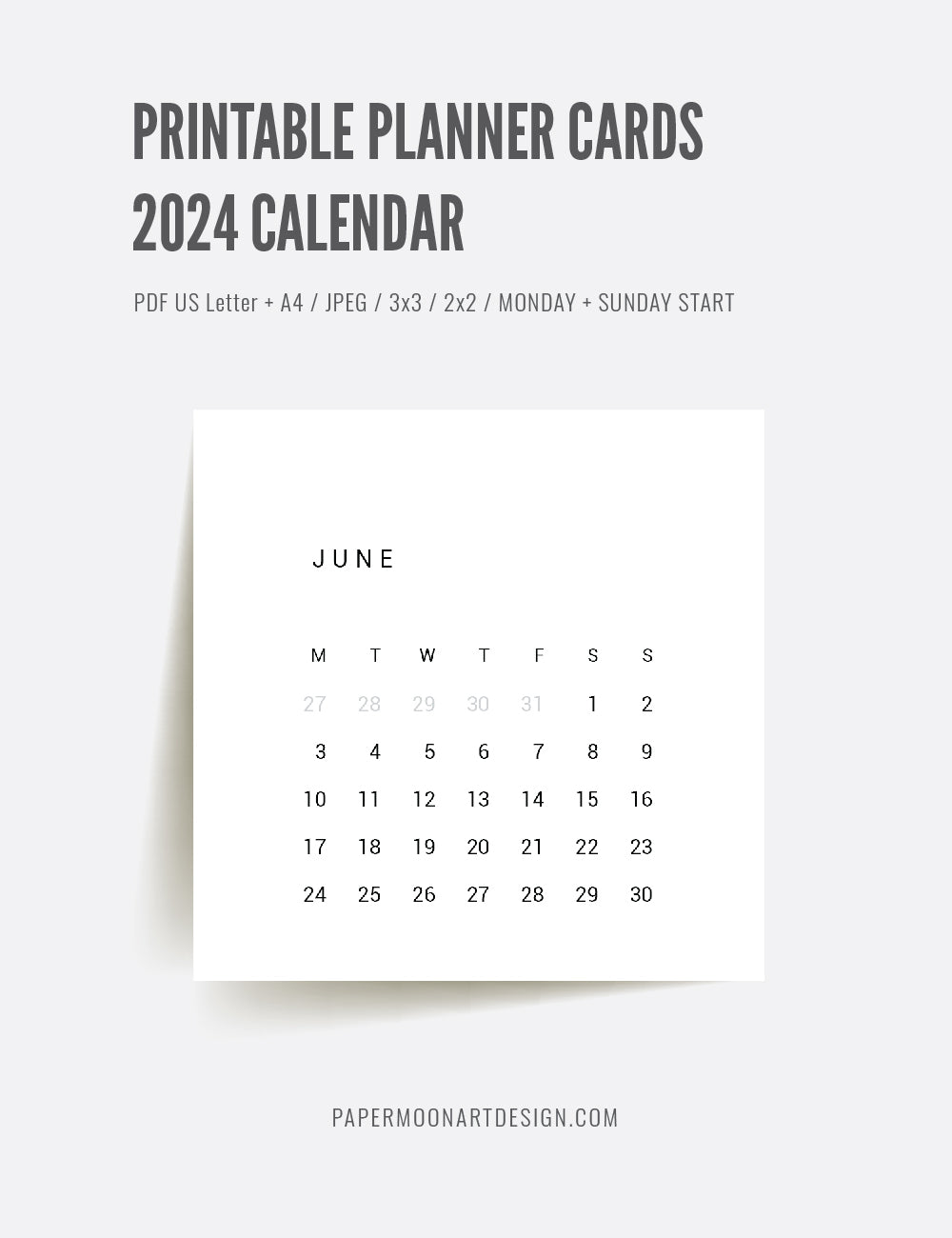 2024 Calendar | 3x3 | 2x2 | Printable Journaling & Planner Cards | Printable Mini Calendar 2024 | Bujo Calendar 2024 | Minimal Aesthetic | Clean Design | Monday Start + Sunday Start | PDF + JPEG | 03