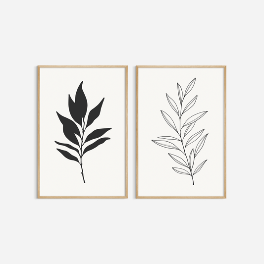 BOTANICAL WALL ART. NEUTRAL LEAF ART SET OF 2 PRINTS. Printable Wall Art Illustration.