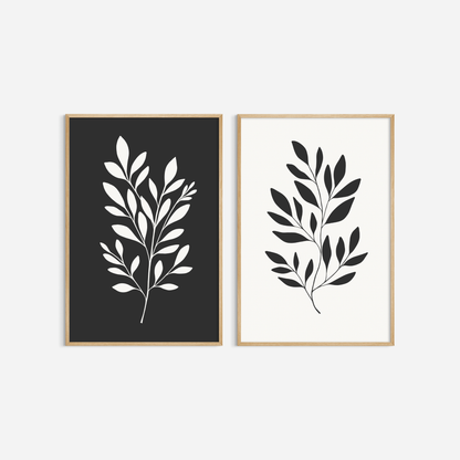 BOTANICAL WALL ART. NEUTRAL LEAF ART SET OF 2 PRINTS. Printable Wall Art Illustration.