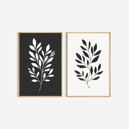 BOTANICAL WALL ART. NEUTRAL LEAF ART SET OF 2 PRINTS. Printable Wall Art Illustration.