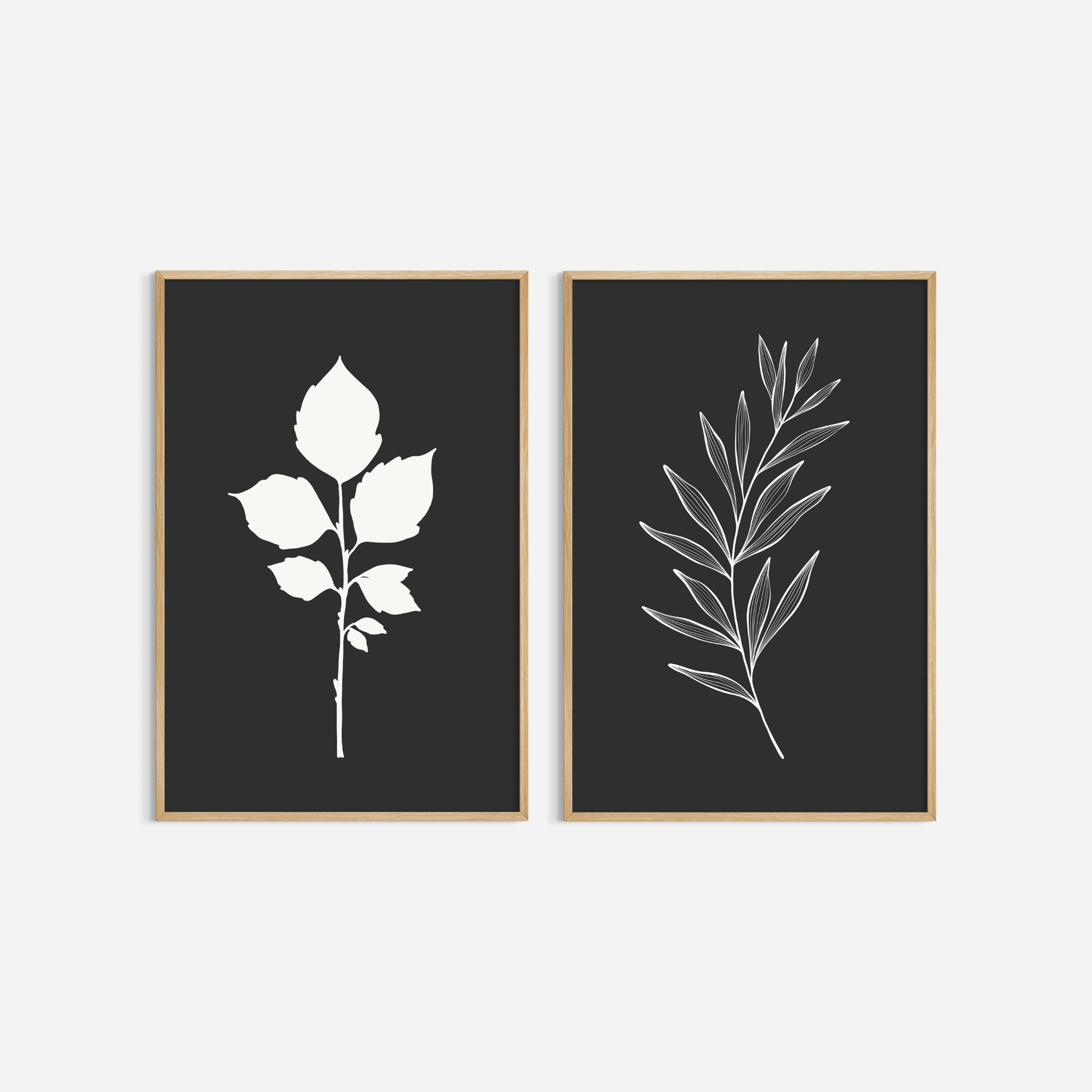 BOTANICAL WALL ART. NEUTRAL LEAF ART SET OF 2 PRINTS. Printable Wall Art Illustration.