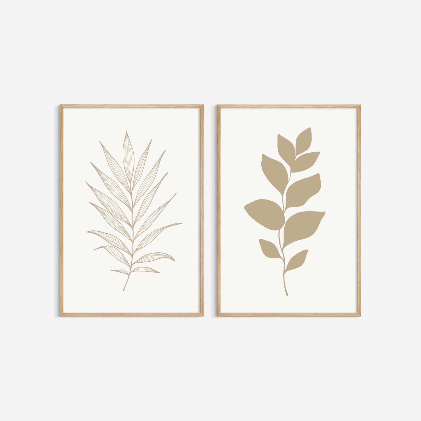 BOTANICAL WALL ART. NEUTRAL LEAF ART SET OF 2 PRINTS. Printable Wall Art Illustration.