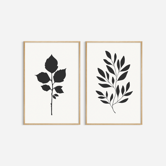 BOTANICAL WALL ART. NEUTRAL LEAF ART SET OF 2 PRINTS. Printable Wall Art Illustration.