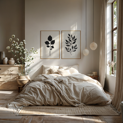 BOTANICAL WALL ART. NEUTRAL LEAF ART SET OF 2 PRINTS. Printable Wall Art Illustration.