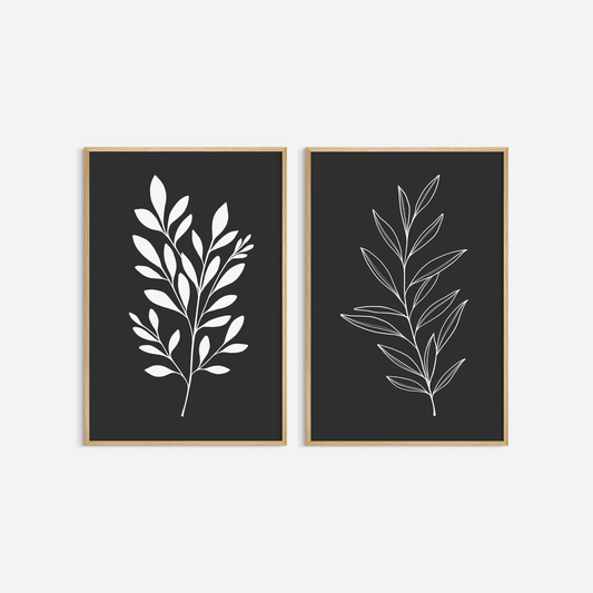 BOTANICAL WALL ART. NEUTRAL LEAF ART SET OF 2 PRINTS. Printable Wall Art Illustration.