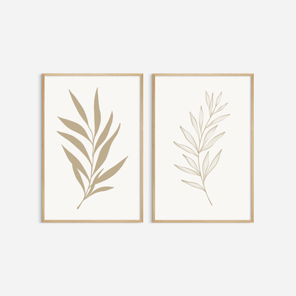 BOTANICAL WALL ART. NEUTRAL LEAF ART SET OF 2 PRINTS. Printable Wall Art Illustration.