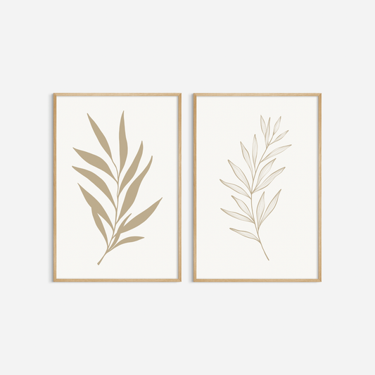 BOTANICAL WALL ART. NEUTRAL LEAF ART SET OF 2 PRINTS. Printable Wall Art Illustration.