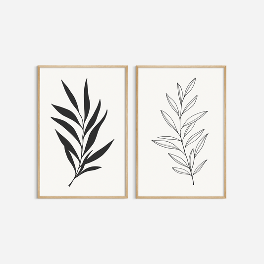 BOTANICAL WALL ART. NEUTRAL LEAF ART SET OF 2 PRINTS. Printable Wall Art Illustration.