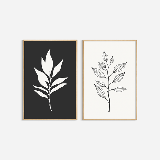 BOTANICAL WALL ART. NEUTRAL LEAF ART SET OF 2 PRINTS. Printable Wall Art Illustration.