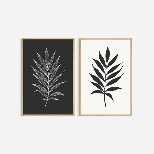 BOTANICAL WALL ART. NEUTRAL TROPICAL LEAF ART SET OF 2 PRINTS. Printable Wall Art Illustration.