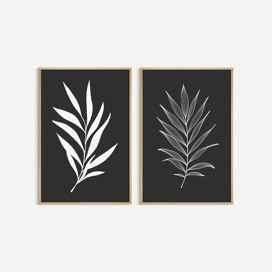 BOTANICAL WALL ART. NEUTRAL TROPICAL LEAF ART SET OF 2 PRINTS. Printable Wall Art Illustration.