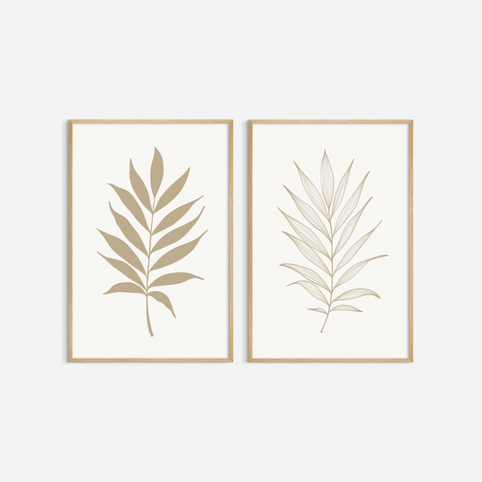 BOTANICAL WALL ART. NEUTRAL TROPICAL LEAF ART SET OF 2 PRINTS. Printable Wall Art Illustration.