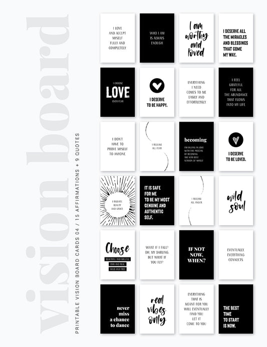 Vision Board Printables | Printable Vision Board Kit | Printable Affirmation Cards | Inspirational & Motivational Quotes | Printable Quotes | Printable Journal & Planner Cards | 3.5x5 | 3x4 | 2x3 | PDF + JPEG | Black and White | Clean Design | Minimal Aesthetic