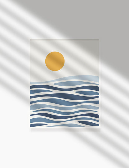 SUN OVER THE BLUE OCEAN WAVES. BOHO ART. Minimalist. Abstract. Printable Wall Art Illustration. - PAPER MOON Art & Design