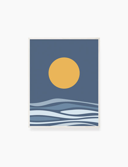 FULL MOON OVER THE BLUE OCEAN LANDSCAPE. BOHO ART. Minimalist. Abstract. Printable Wall Art Illustration. - PAPER MOON Art & Design