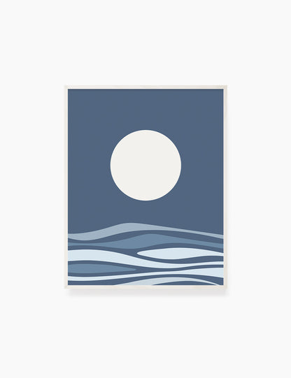 FULL MOON OVER THE BLUE OCEAN LANDSCAPE. BOHO ART. Printable Wall Art Illustration. - PAPER MOON Art & Design