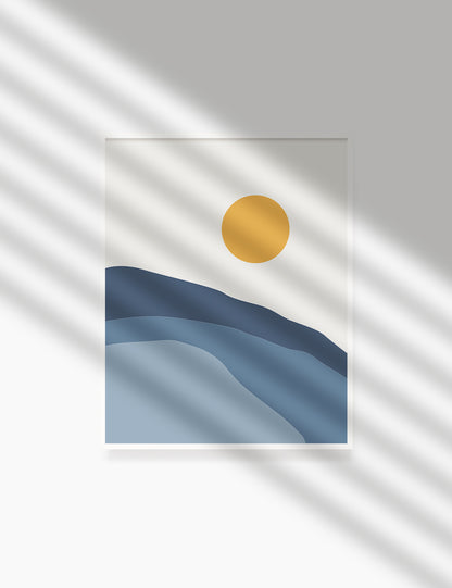 SUN OVER THE BLUE OCEAN LANDSCAPE. BOHO ART. Minimalist. Abstract. Printable Wall Art Illustration. - PAPER MOON Art & Design