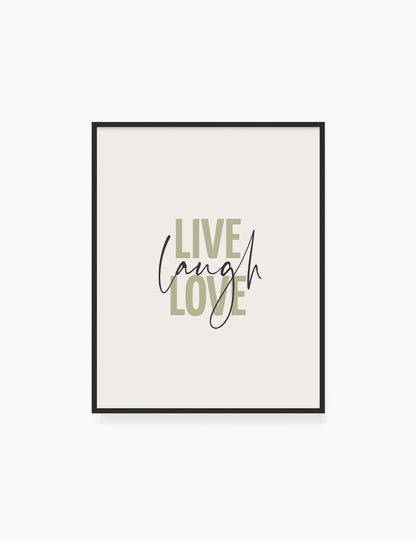 LIVE. LAUGH. LOVE. Green. Beige. Inspirational quote. Printable Wall Art Quote. - PAPER MOON Art & Design