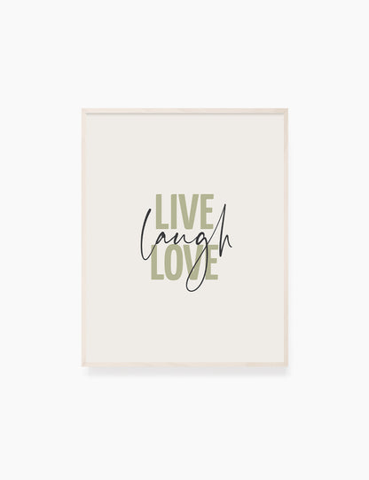 LIVE. LAUGH. LOVE. Green. Beige. Inspirational quote. Printable Wall Art Quote. - PAPER MOON Art & Design
