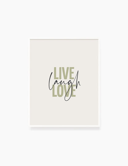 LIVE. LAUGH. LOVE. Green. Beige. Inspirational quote. Printable Wall Art Quote. - PAPER MOON Art & Design