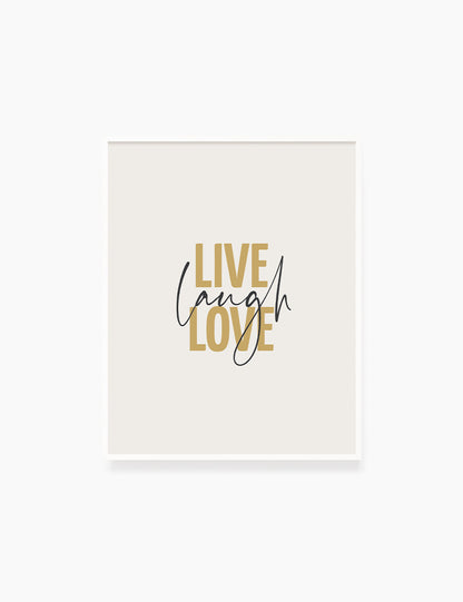 LIVE. LAUGH. LOVE. Yellow Gold. Beige. Inspirational quote. Printable Wall Art Quote. - PAPER MOON Art & Design