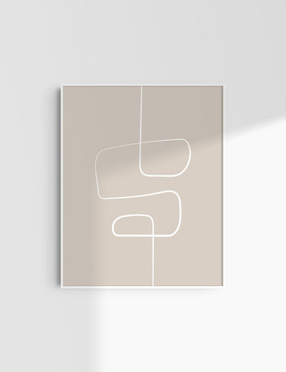 MINIMALIST, ABSTRACT ONE LINE ART. Beige and White. Printable Wall Art Illustration.