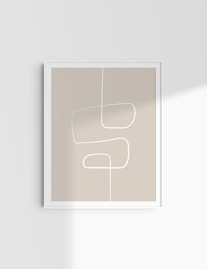MINIMALIST, ABSTRACT ONE LINE ART. Beige and White. Printable Wall Art Illustration.
