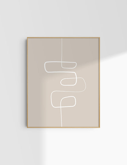 MINIMALIST, ABSTRACT ONE LINE ART. Beige and White. Printable Wall Art Illustration.