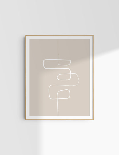 MINIMALIST, ABSTRACT ONE LINE ART. Beige and White. Printable Wall Art Illustration.