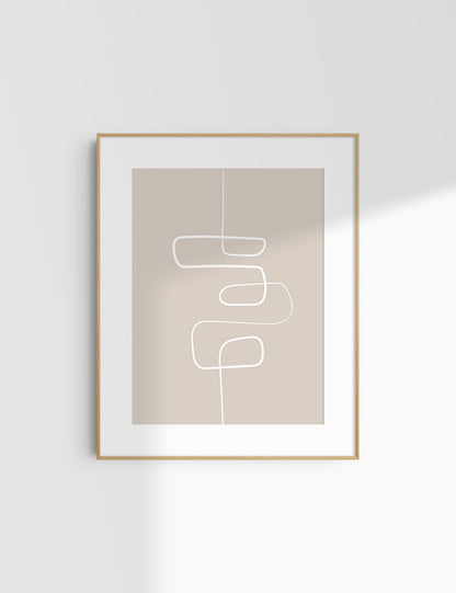 MINIMALIST, ABSTRACT ONE LINE ART. Beige and White. Printable Wall Art Illustration.