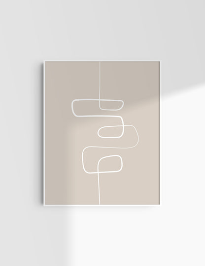 MINIMALIST, ABSTRACT ONE LINE ART. Beige and White. Printable Wall Art Illustration.