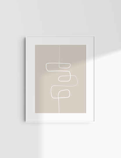MINIMALIST, ABSTRACT ONE LINE ART. Beige and White. Printable Wall Art Illustration.