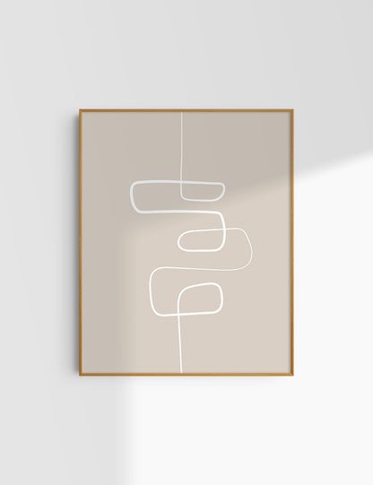 MINIMALIST, ABSTRACT ONE LINE ART. Beige and White. Printable Wall Art Illustration.