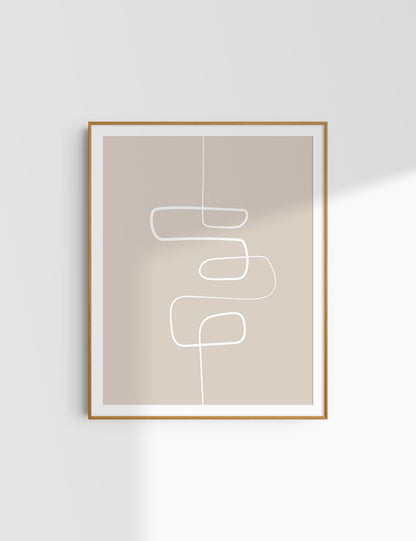 MINIMALIST, ABSTRACT ONE LINE ART. Beige and White. Printable Wall Art Illustration.