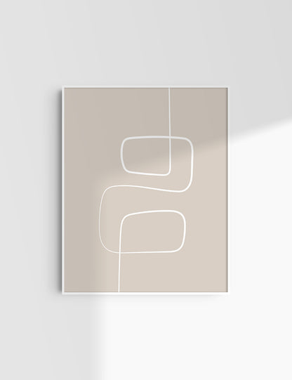 MINIMALIST, ABSTRACT ONE LINE ART. Beige and White. Printable Wall Art Illustration.