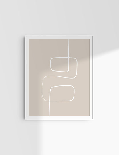 MINIMALIST, ABSTRACT ONE LINE ART. Beige and White. Printable Wall Art Illustration.