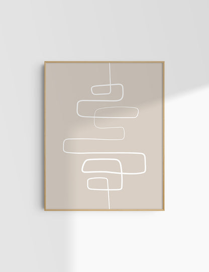 MINIMALIST, ABSTRACT ONE LINE ART. Beige and White. Printable Wall Art Illustration.