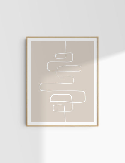MINIMALIST, ABSTRACT ONE LINE ART. Beige and White. Printable Wall Art Illustration.
