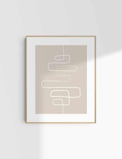 MINIMALIST, ABSTRACT ONE LINE ART. Beige and White. Printable Wall Art Illustration.
