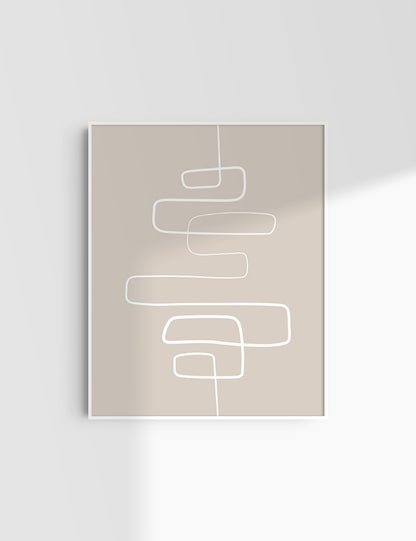 MINIMALIST, ABSTRACT ONE LINE ART. Beige and White. Printable Wall Art Illustration.
