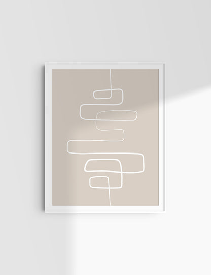 MINIMALIST, ABSTRACT ONE LINE ART. Beige and White. Printable Wall Art Illustration.