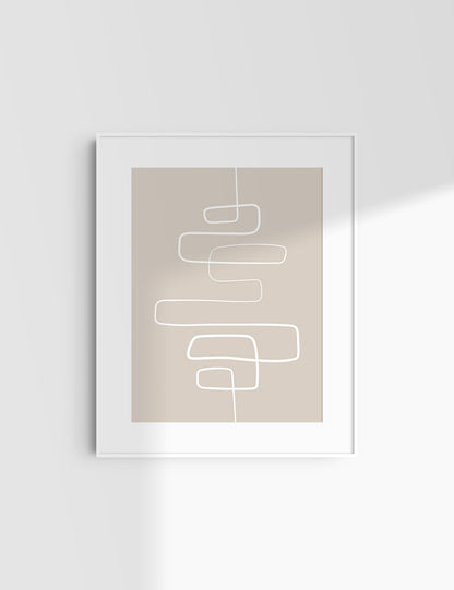 MINIMALIST, ABSTRACT ONE LINE ART. Beige and White. Printable Wall Art Illustration.