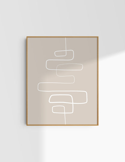 MINIMALIST, ABSTRACT ONE LINE ART. Beige and White. Printable Wall Art Illustration.